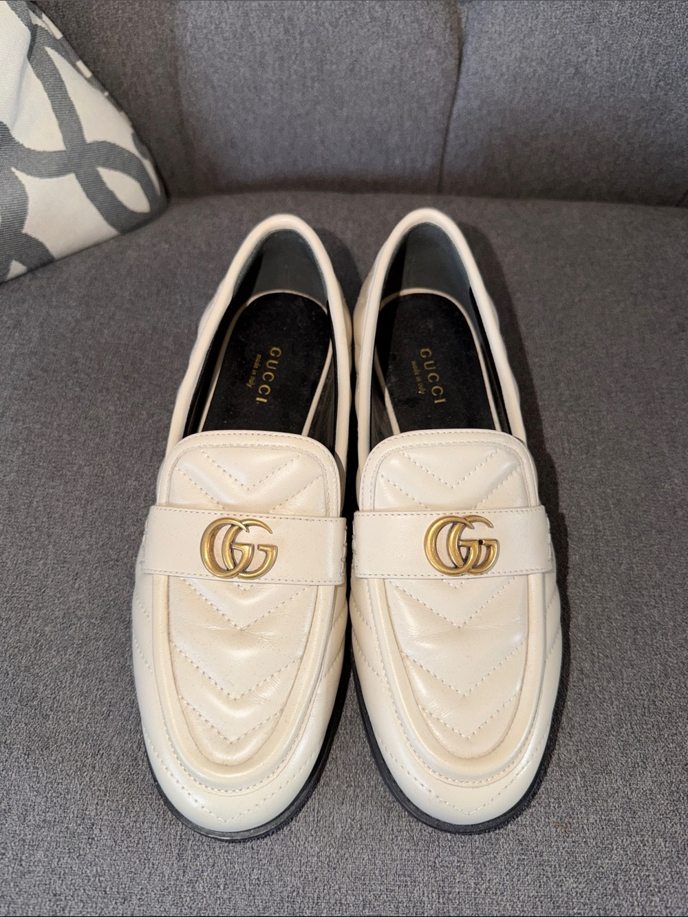 Gucci Cream Leather Quilted Loafers with Gold GG Hardware